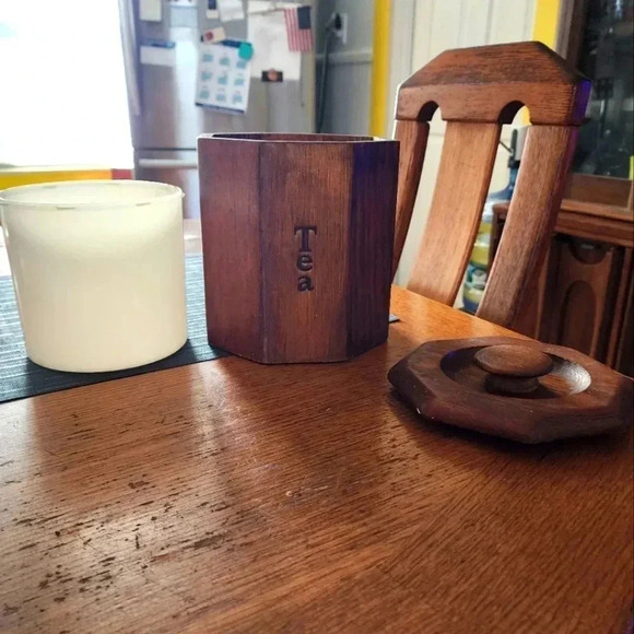 Vtg MCM Wooden Kitchen 1 of 4 Canister Kitchen Food Storage Teak Octagon - Picture 2 of 5